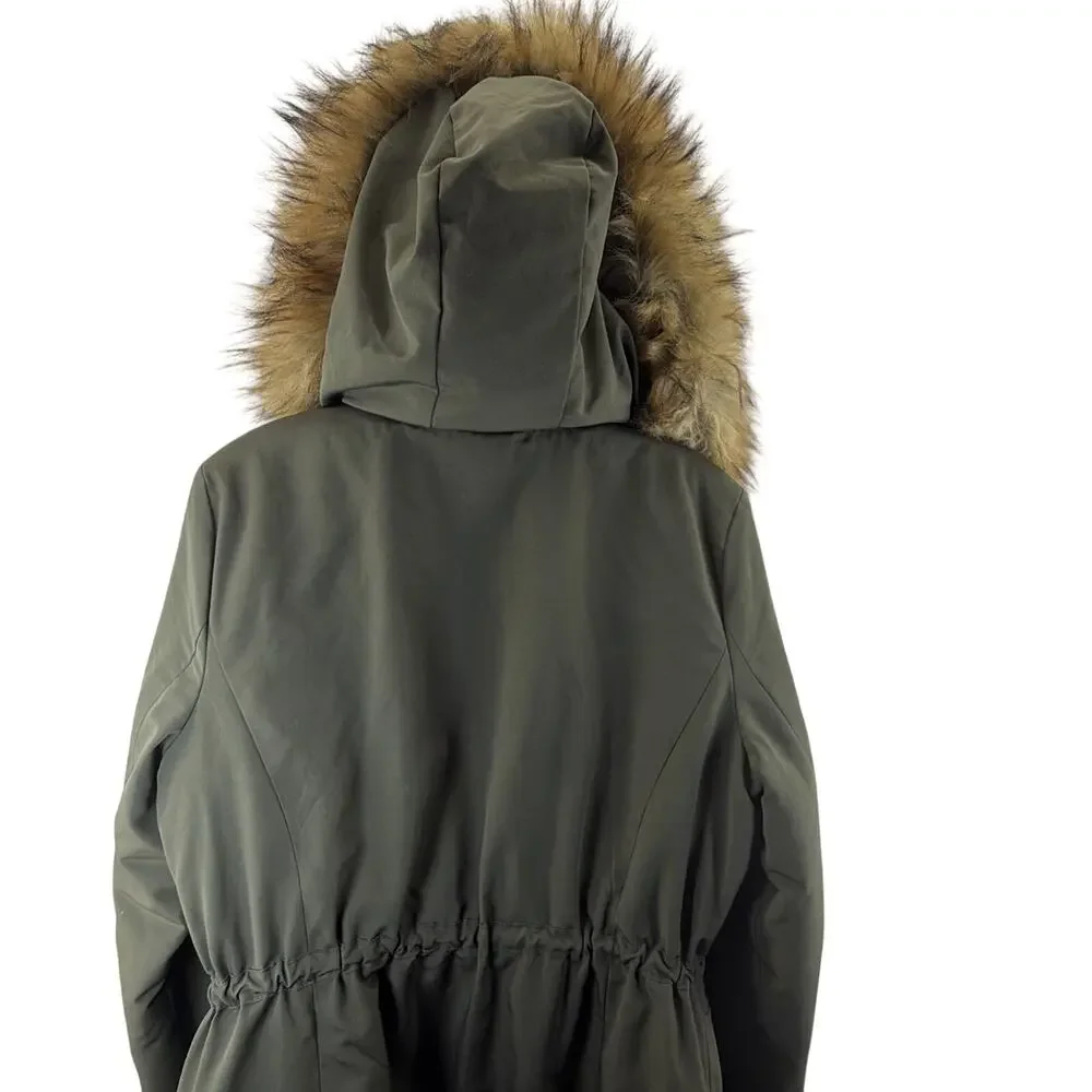Bella Swan Faux Fur Hood Quilted Parka Coat Green Zip Jacket Womens S Nine West